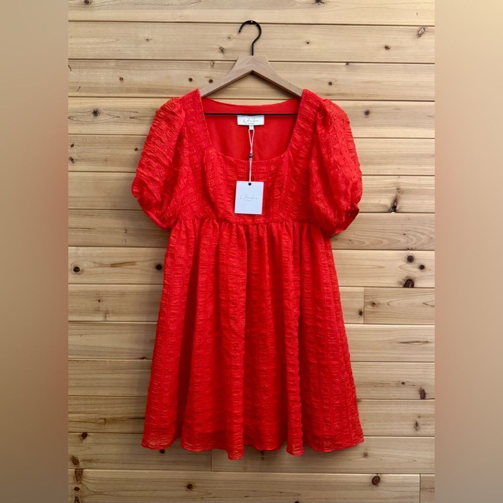 NWT L’Acadamie Revolve XS The Rene Mini Dress Poppy Red Puff Sleeve Christmas